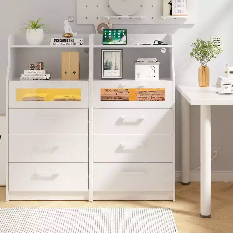 VECELO White Dresser Tall Modern Makeup Vanity Table with LED Lights & Charging Station