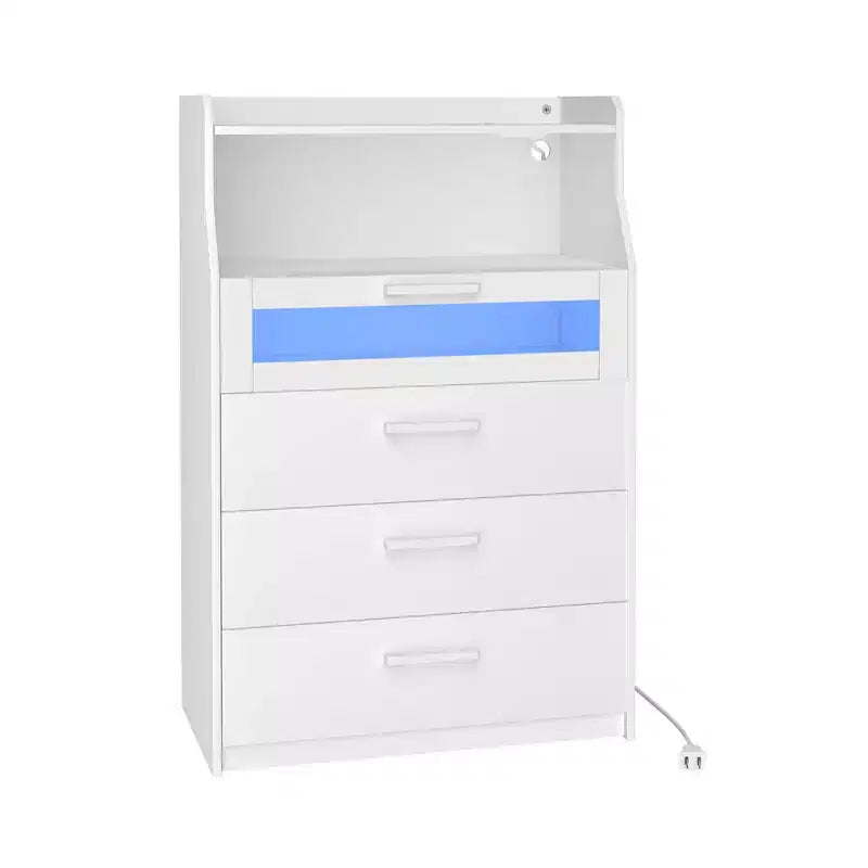 VECELO White Dresser Tall Modern Makeup Vanity Table with LED Lights & Charging Station
