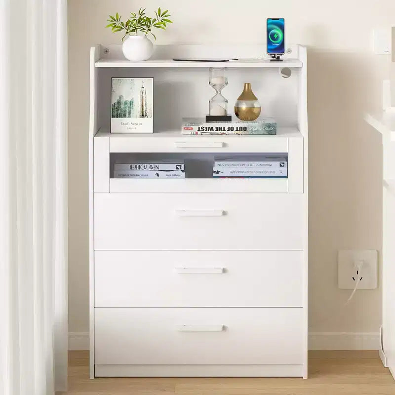 VECELO White Dresser Tall Modern Makeup Vanity Table with LED Lights & Charging Station
