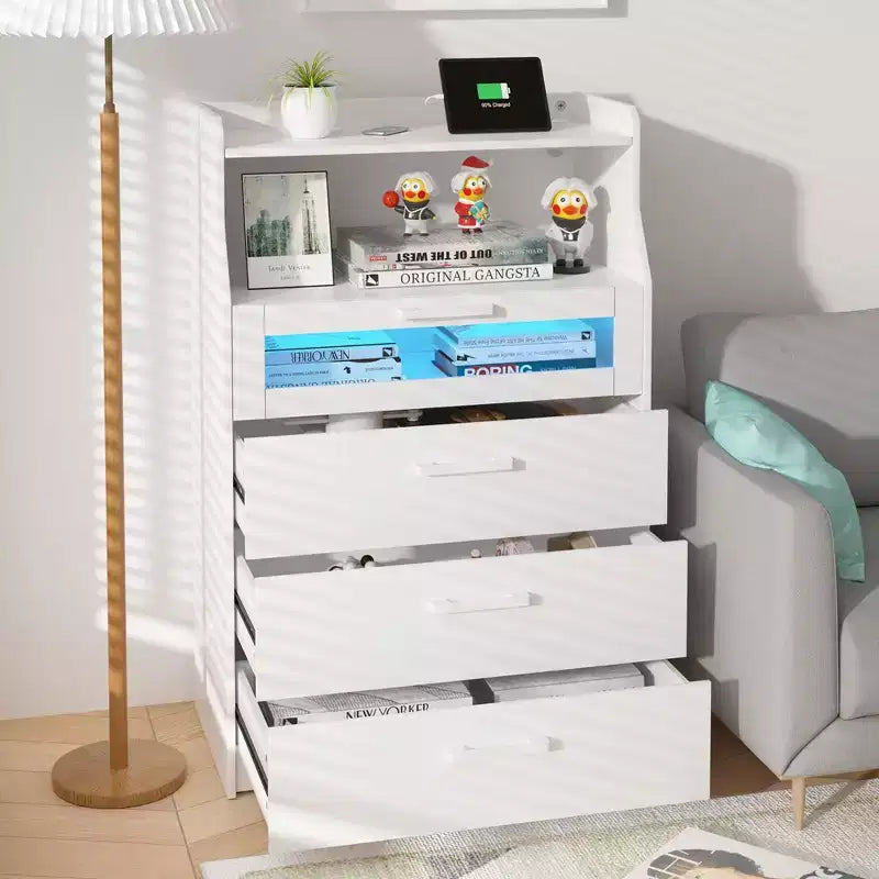 VECELO White Dresser Tall Modern Makeup Vanity Table with LED Lights & Charging Station
