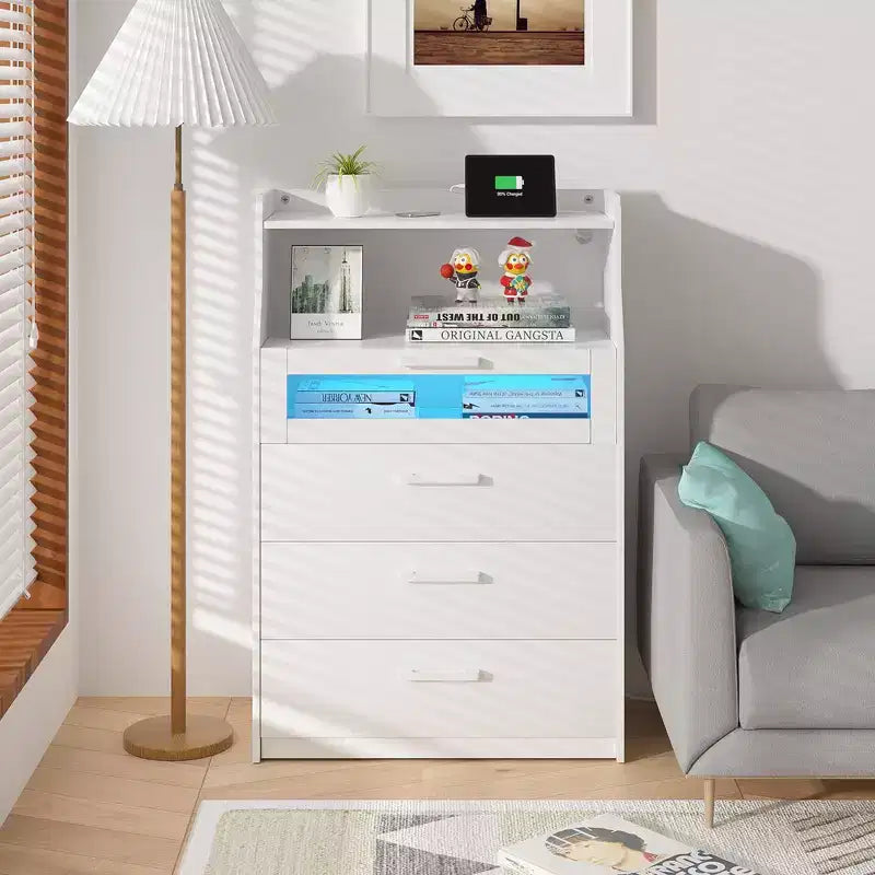 VECELO White Dresser Tall Modern Makeup Vanity Table with LED Lights & Charging Station