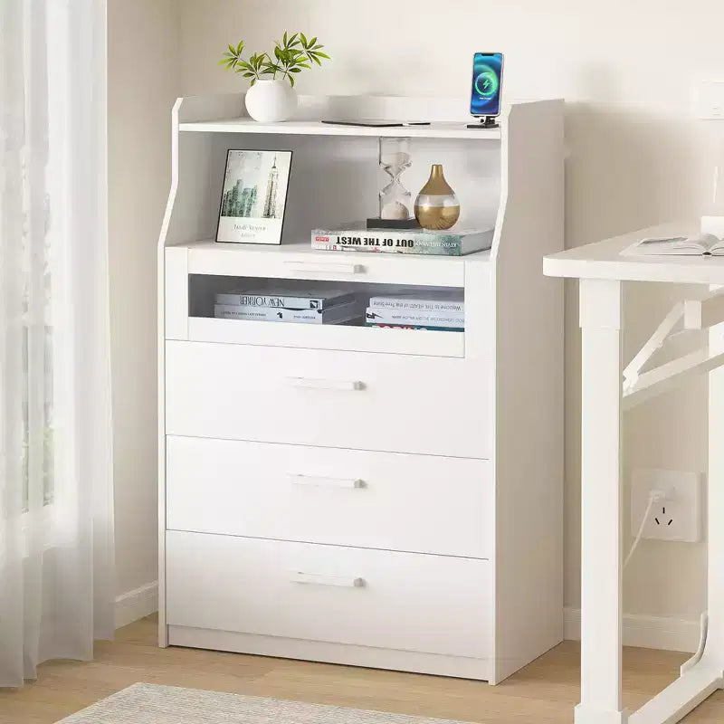 VECELO White Dresser Tall Modern Makeup Vanity Table with LED Lights & Charging Station