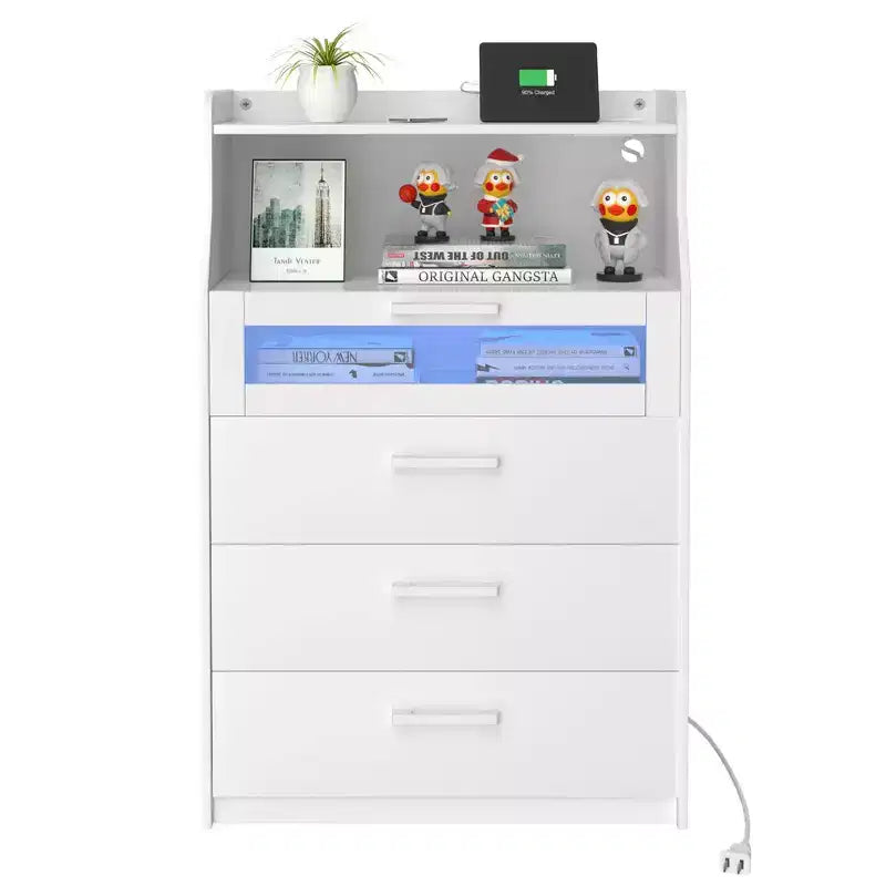 VECELO White Dresser Tall Modern Makeup Vanity Table with LED Lights & Charging Station