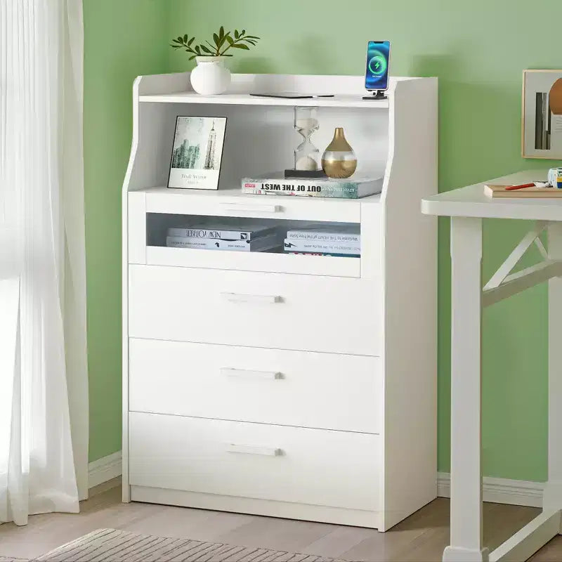 VECELO White Dresser Tall Modern Makeup Vanity Table with LED Lights & Charging Station