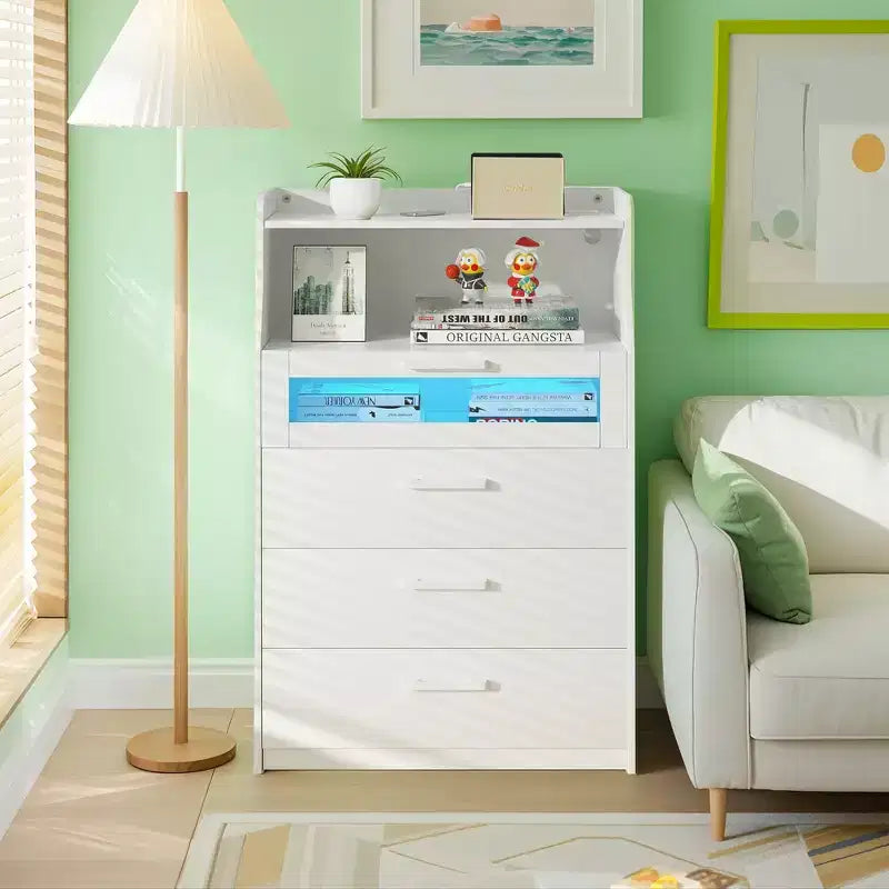 VECELO White Dresser Tall Modern Makeup Vanity Table with LED Lights & Charging Station