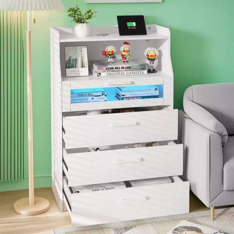 VECELO White Dresser Tall Modern Makeup Vanity Table with LED Lights & Charging Station