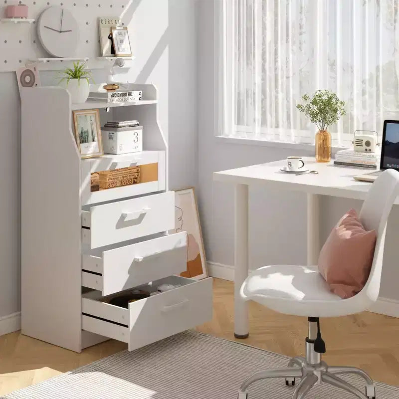 VECELO White Dresser Tall Modern Makeup Vanity Table with LED Lights & Charging Station