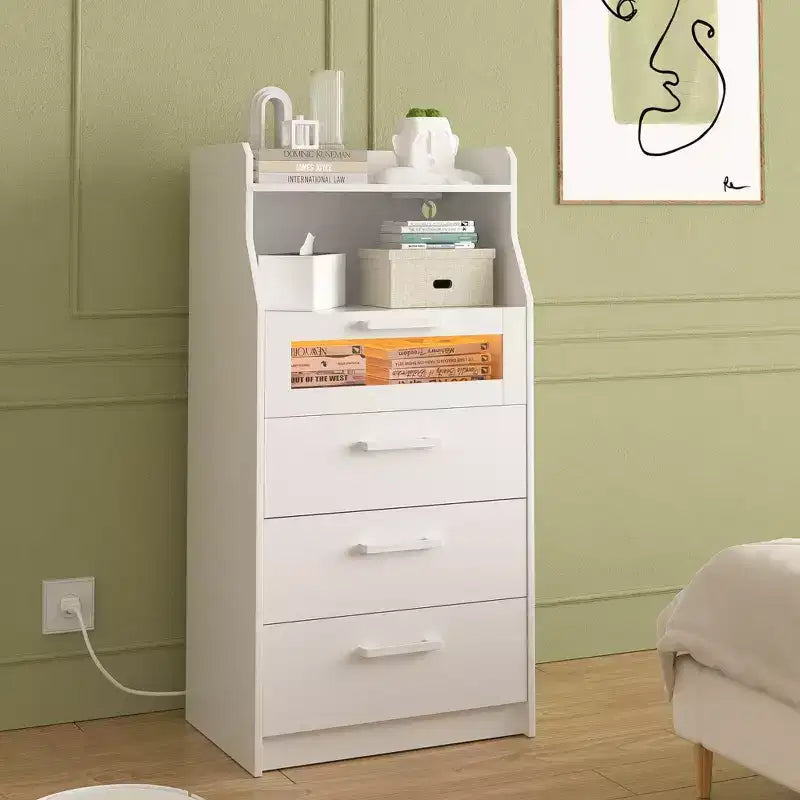 VECELO White Dresser Tall Modern Makeup Vanity Table with LED Lights & Charging Station
