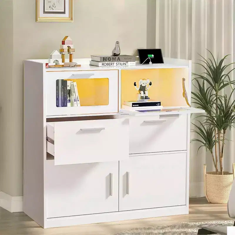 VECELO White Dresser Tall Modern Makeup Vanity Table with LED Lights & Charging Station