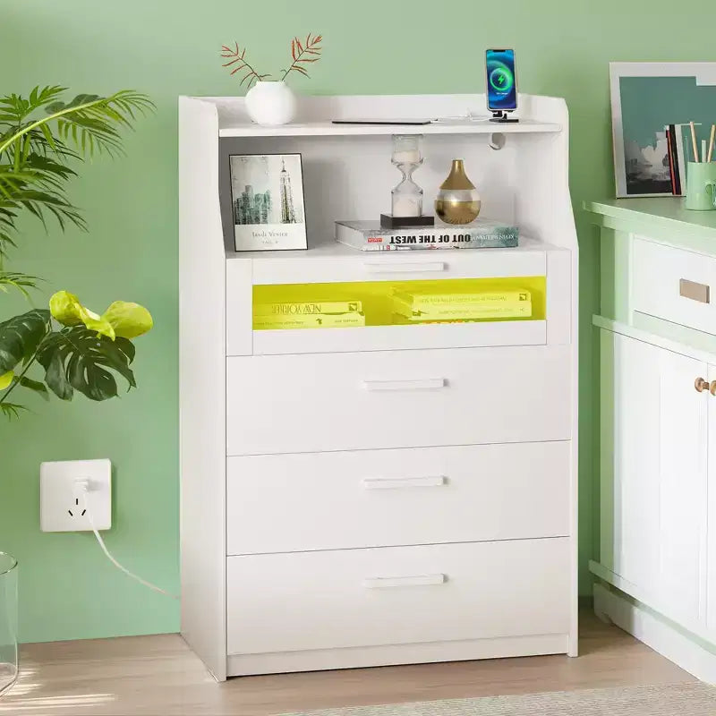 VECELO White Dresser Tall Modern Makeup Vanity Table with LED Lights & Charging Station