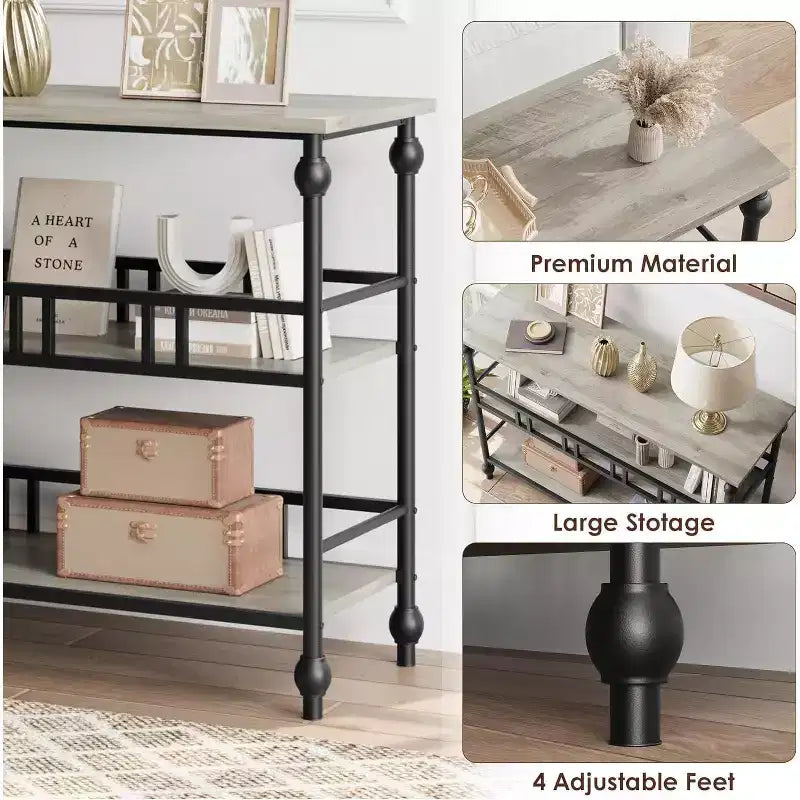 43 Console Table, 3-Tier Entryway Narrow Sofa Table with Shelves, Side Tables for Living Room, Hallway, Bedroom, Rustic, Brown