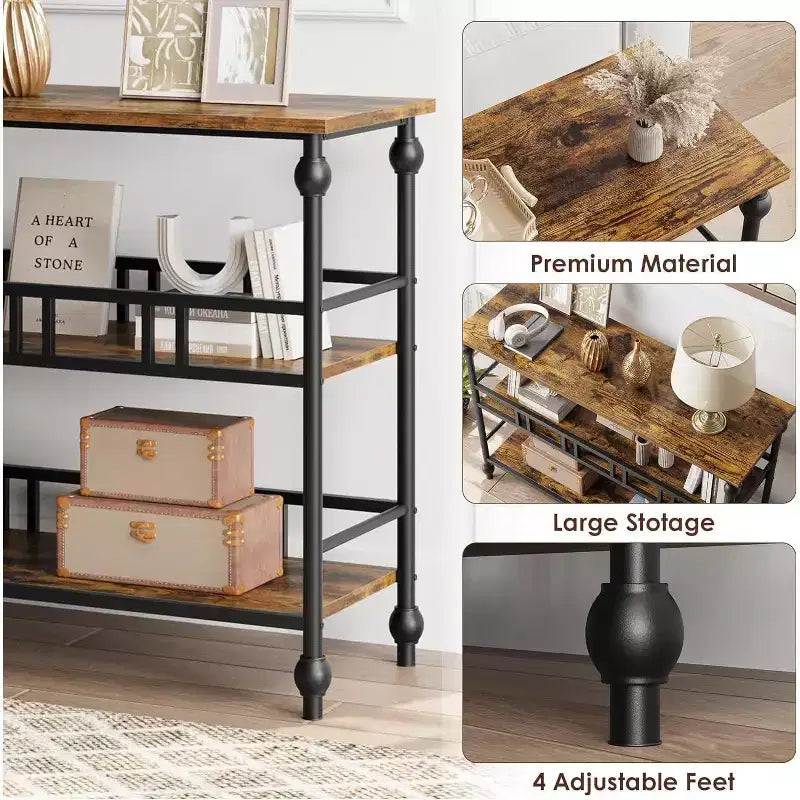 43 Console Table, 3-Tier Entryway Narrow Sofa Table with Shelves, Side Tables for Living Room, Hallway, Bedroom, Rustic, Brown