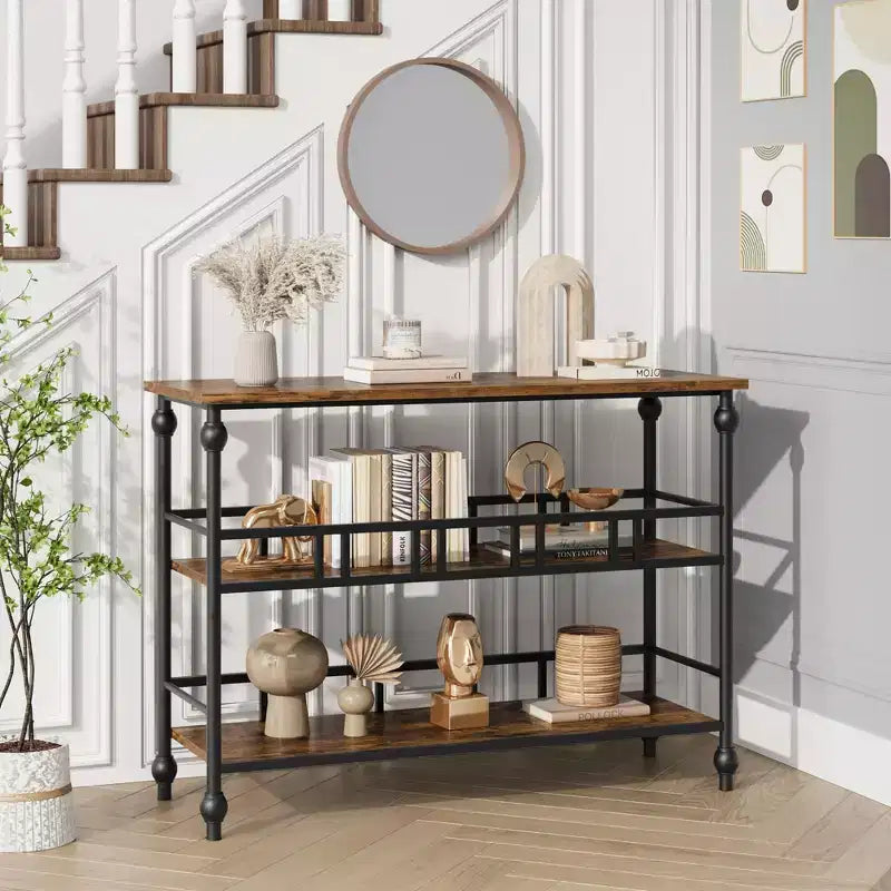 43 Console Table, 3-Tier Entryway Narrow Sofa Table with Shelves, Side Tables for Living Room, Hallway, Bedroom, Rustic, Brown