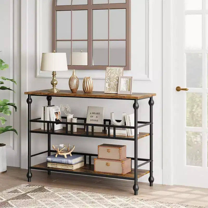 43 Console Table, 3-Tier Entryway Narrow Sofa Table with Shelves, Side Tables for Living Room, Hallway, Bedroom, Rustic, Brown