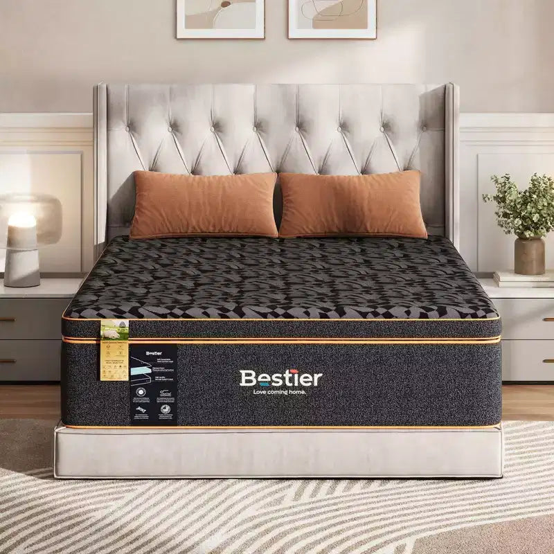 Bestier 14 Cooling Gel Memory Foam Black Mattress in a Box, Organic Wool Mattress, Lumbar Support Spring for Superior Comfort, CertiPUR-US