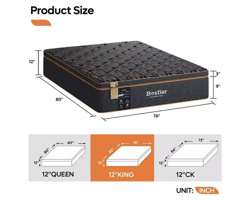Matelas en boîte noir en mousse à mémoire de forme rafraîchissante de 14 pouces, Matelas en laine biologique, Ressort de soutien lombaire pour un confort supérieur, CertiPUR-US
