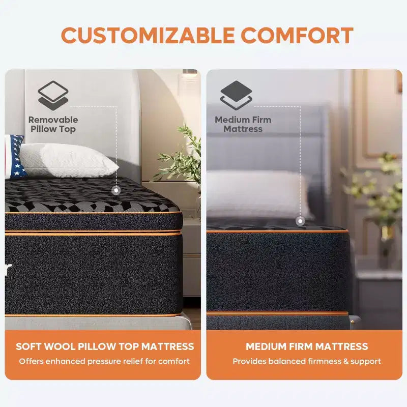 Bestier 14 Cooling Gel Memory Foam Black Mattress in a Box, Organic Wool Mattress, Lumbar Support Spring for Superior Comfort, CertiPUR-US