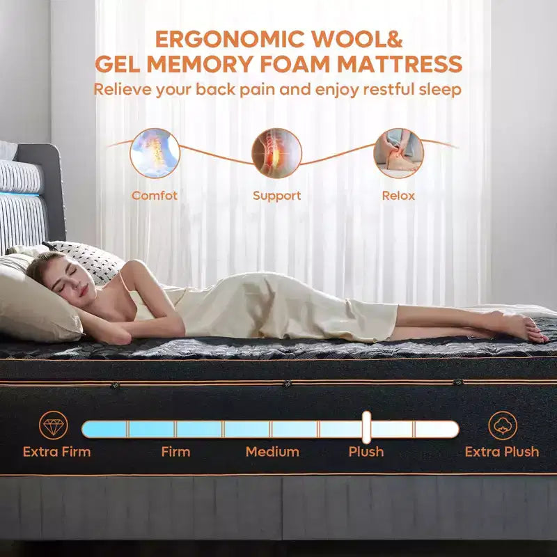 Bestier 14 Cooling Gel Memory Foam Black Mattress in a Box, Organic Wool Mattress, Lumbar Support Spring for Superior Comfort, CertiPUR-US