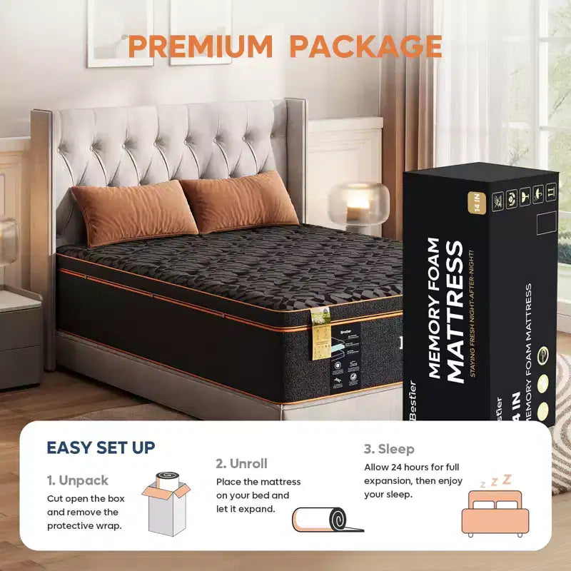 Bestier 14 Cooling Gel Memory Foam Black Mattress in a Box, Organic Wool Mattress, Lumbar Support Spring for Superior Comfort, CertiPUR-US