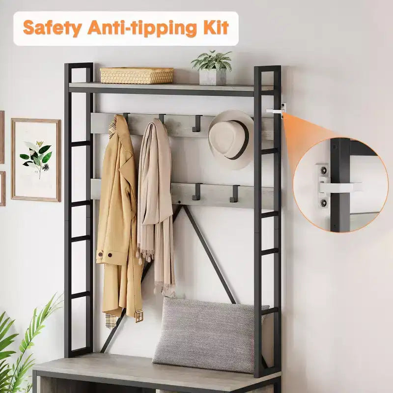 Industrial Hall Tree with Bench, Shoe Storage, & Coat Rack, Entryway Organizer Mudroom Furniture with Hooks and Shelves for Small Spaces