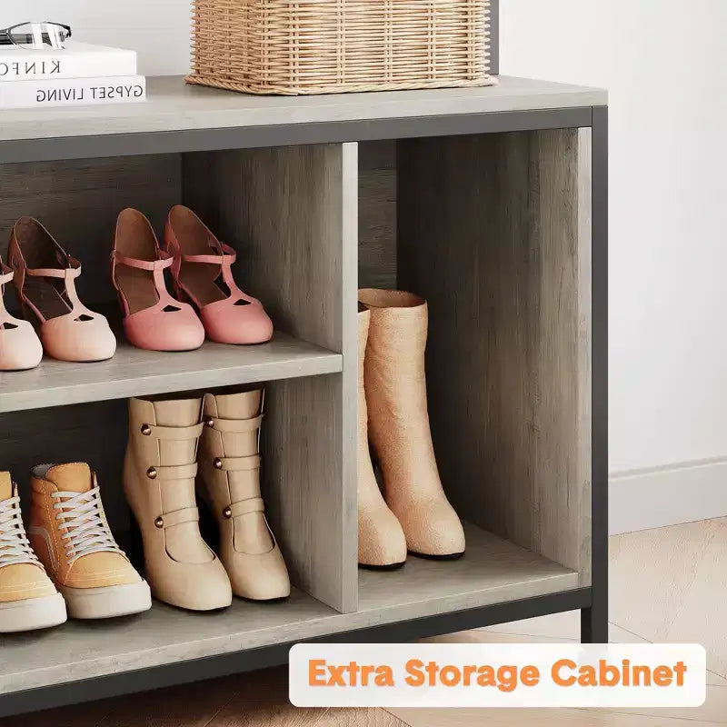 Industrial Hall Tree with Bench, Shoe Storage, & Coat Rack, Entryway Organizer Mudroom Furniture with Hooks and Shelves for Small Spaces