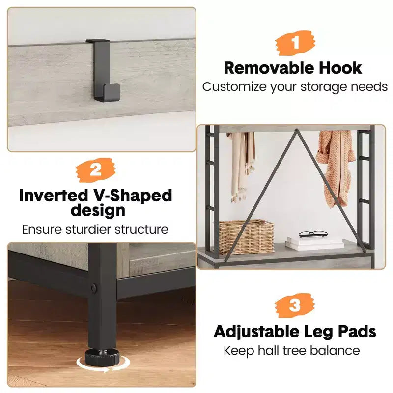 Industrial Hall Tree with Bench, Shoe Storage, & Coat Rack, Entryway Organizer Mudroom Furniture with Hooks and Shelves for Small Spaces
