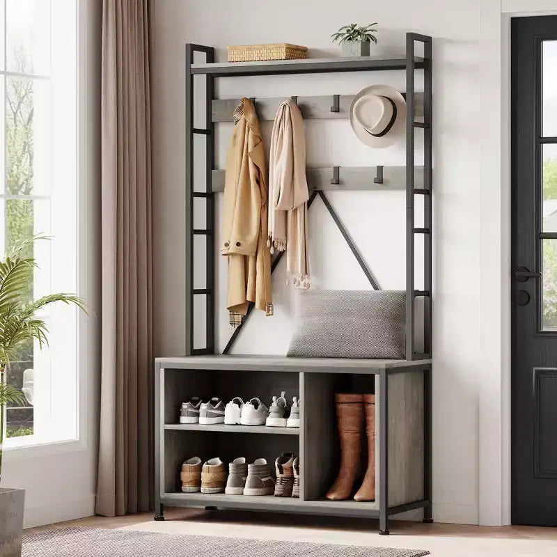 Industrial Hall Tree with Bench, Shoe Storage, & Coat Rack, Entryway Organizer Mudroom Furniture with Hooks and Shelves for Small Spaces