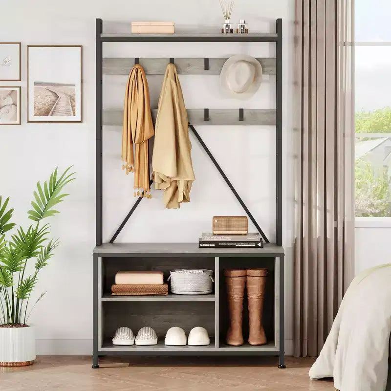 Industrial Hall Tree with Bench, Shoe Storage, & Coat Rack, Entryway Organizer Mudroom Furniture with Hooks and Shelves for Small Spaces