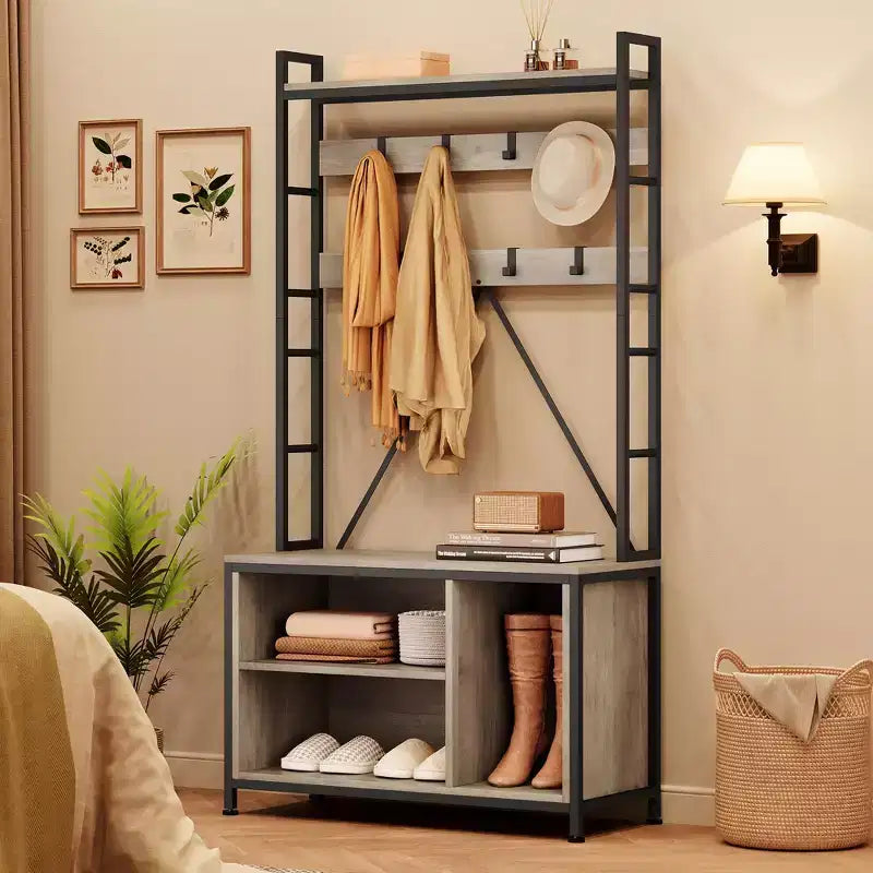 Industrial Hall Tree with Bench, Shoe Storage, & Coat Rack, Entryway Organizer Mudroom Furniture with Hooks and Shelves for Small Spaces
