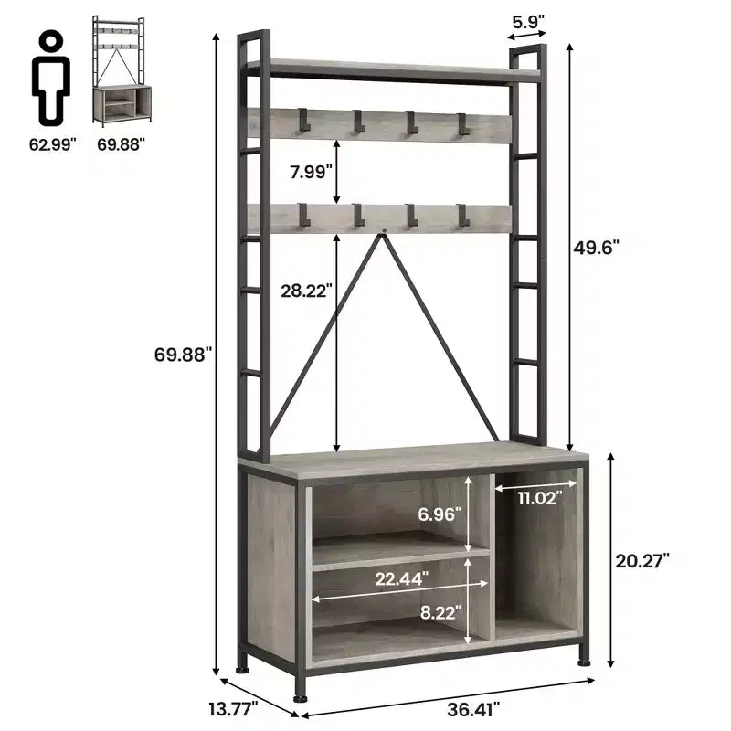 Industrial Hall Tree with Bench, Shoe Storage, & Coat Rack, Entryway Organizer Mudroom Furniture with Hooks and Shelves for Small Spaces