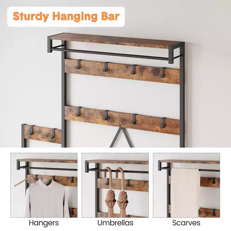 Industrial Hall Tree with Bench, Shoe Storage, & Coat Rack, Entryway Organizer Mudroom Furniture with Hooks and Shelves for Small Spaces