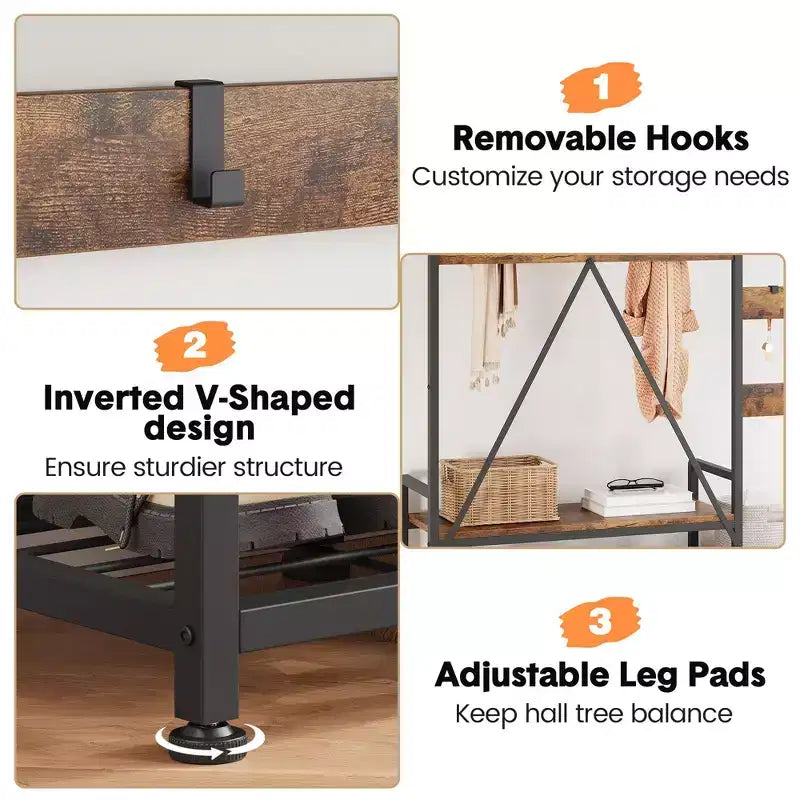 Industrial Hall Tree with Bench, Shoe Storage, & Coat Rack, Entryway Organizer Mudroom Furniture with Hooks and Shelves for Small Spaces