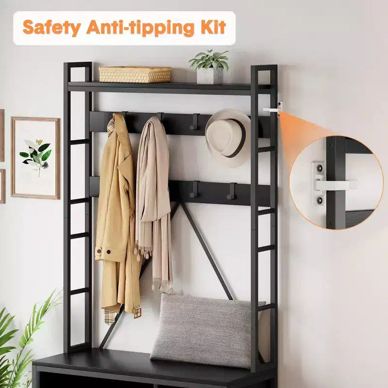 Industrial Hall Tree with Bench, Shoe Storage, & Coat Rack, Entryway Organizer Mudroom Furniture with Hooks and Shelves for Small Spaces