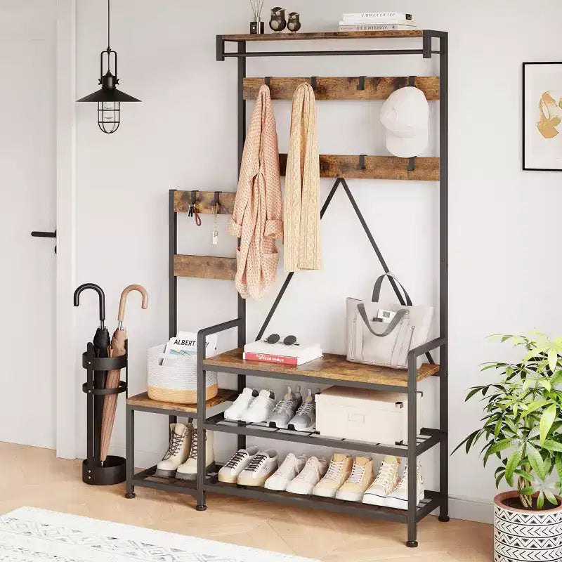 Industrial Hall Tree with Bench, Shoe Storage, & Coat Rack, Entryway Organizer Mudroom Furniture with Hooks and Shelves for Small Spaces