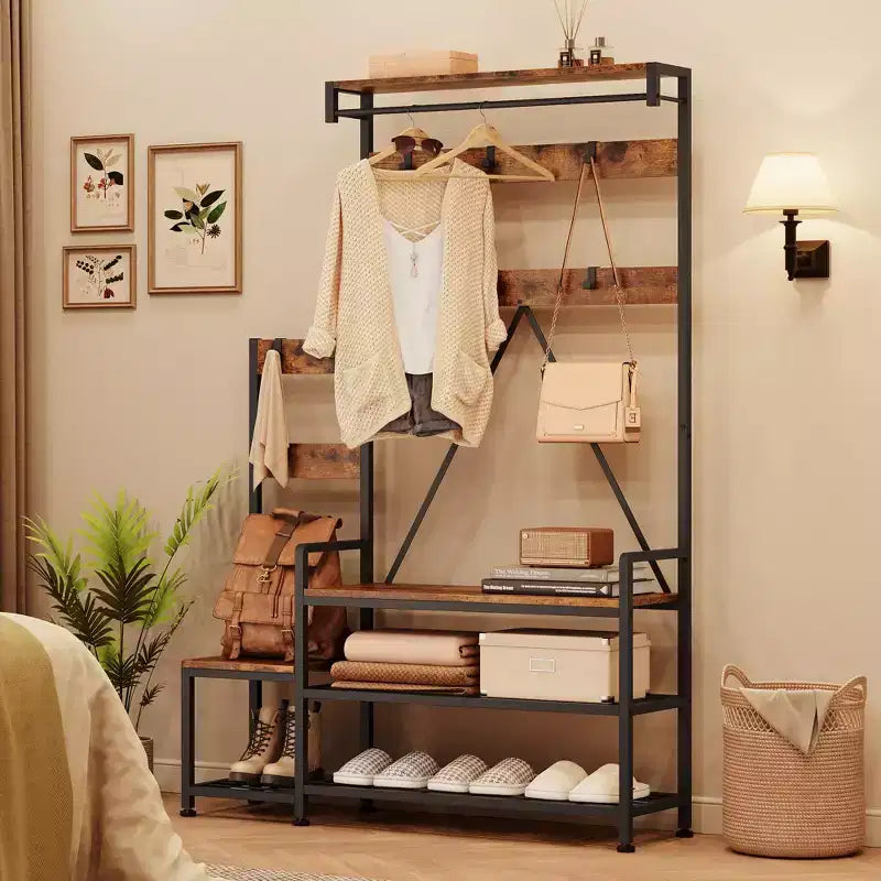 Industrial Hall Tree with Bench, Shoe Storage, & Coat Rack, Entryway Organizer Mudroom Furniture with Hooks and Shelves for Small Spaces