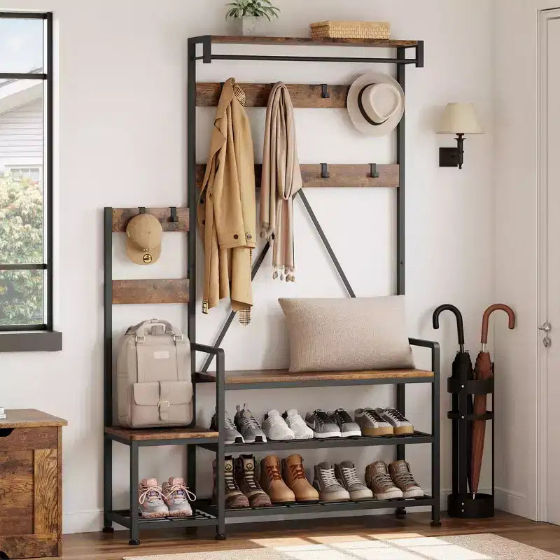 Industrial Hall Tree with Bench, Shoe Storage, & Coat Rack, Entryway Organizer Mudroom Furniture with Hooks and Shelves for Small Spaces