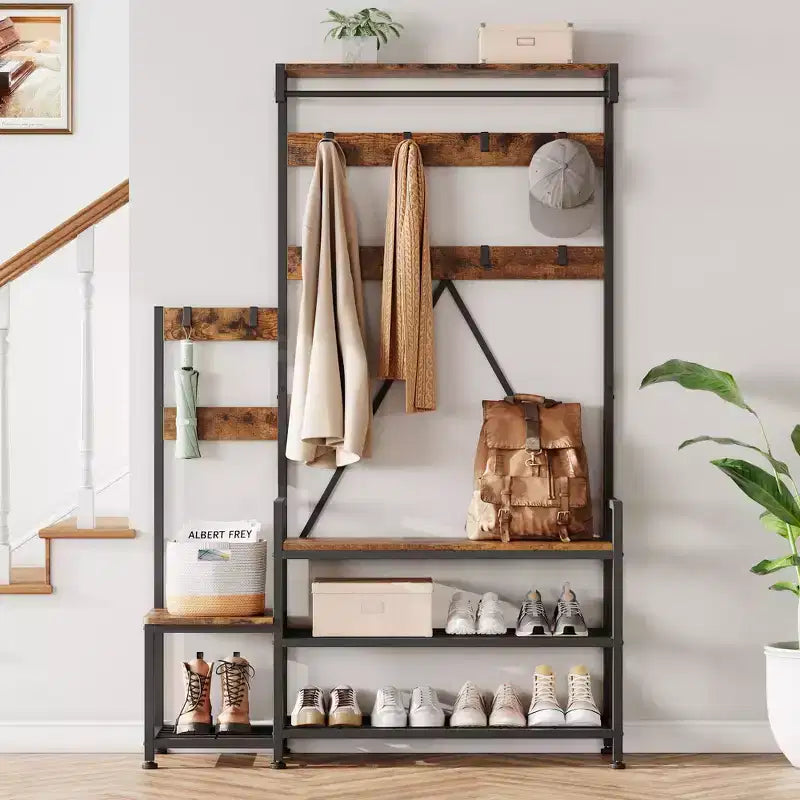 Industrial Hall Tree with Bench, Shoe Storage, & Coat Rack, Entryway Organizer Mudroom Furniture with Hooks and Shelves for Small Spaces