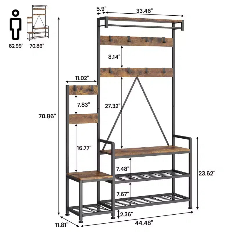 Industrial Hall Tree with Bench, Shoe Storage, & Coat Rack, Entryway Organizer Mudroom Furniture with Hooks and Shelves for Small Spaces