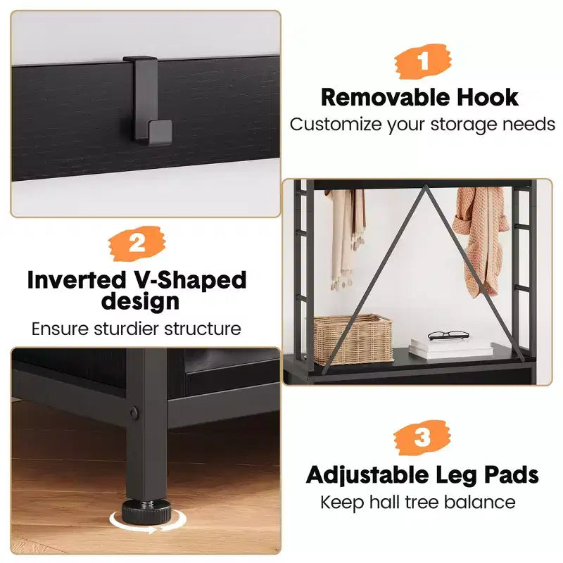 Industrial Hall Tree with Bench, Shoe Storage, & Coat Rack, Entryway Organizer Mudroom Furniture with Hooks and Shelves for Small Spaces