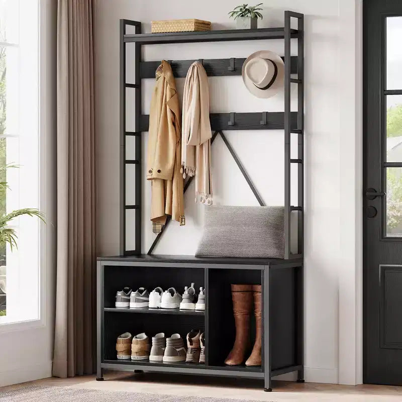Industrial Hall Tree with Bench, Shoe Storage, & Coat Rack, Entryway Organizer Mudroom Furniture with Hooks and Shelves for Small Spaces