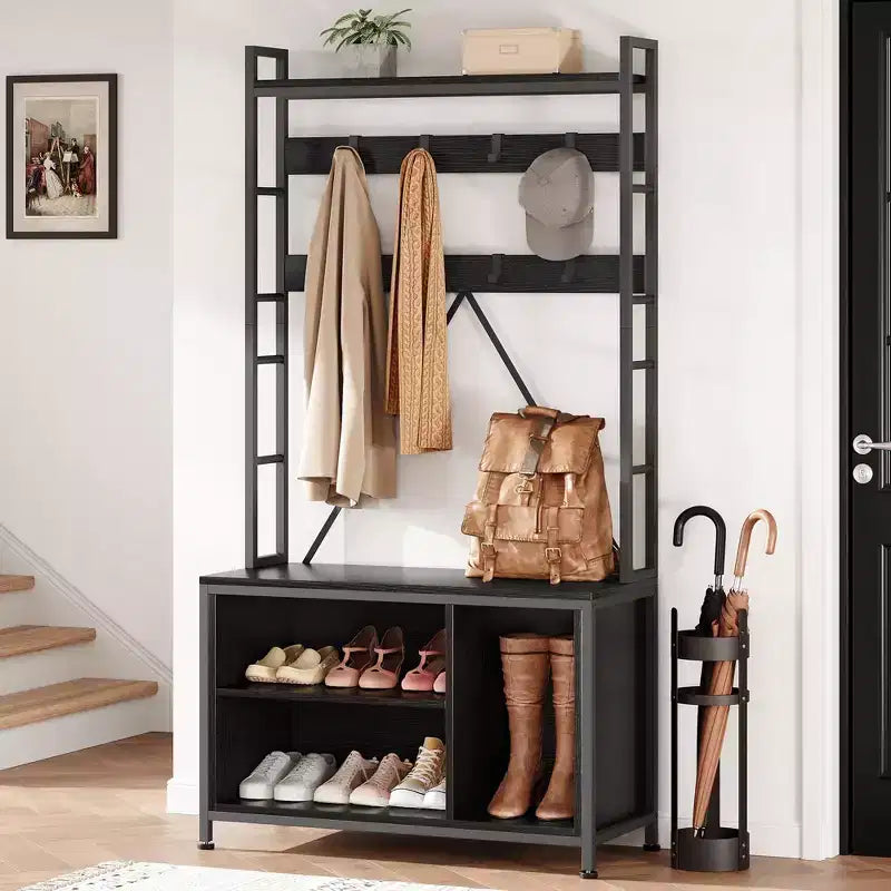 Industrial Hall Tree with Bench, Shoe Storage, & Coat Rack, Entryway Organizer Mudroom Furniture with Hooks and Shelves for Small Spaces