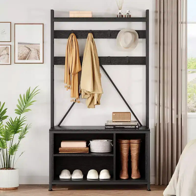 Industrial Hall Tree with Bench, Shoe Storage, & Coat Rack, Entryway Organizer Mudroom Furniture with Hooks and Shelves for Small Spaces