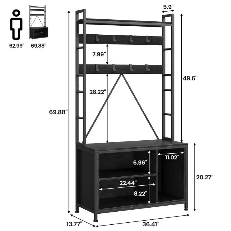 Industrial Hall Tree with Bench, Shoe Storage, & Coat Rack, Entryway Organizer Mudroom Furniture with Hooks and Shelves for Small Spaces