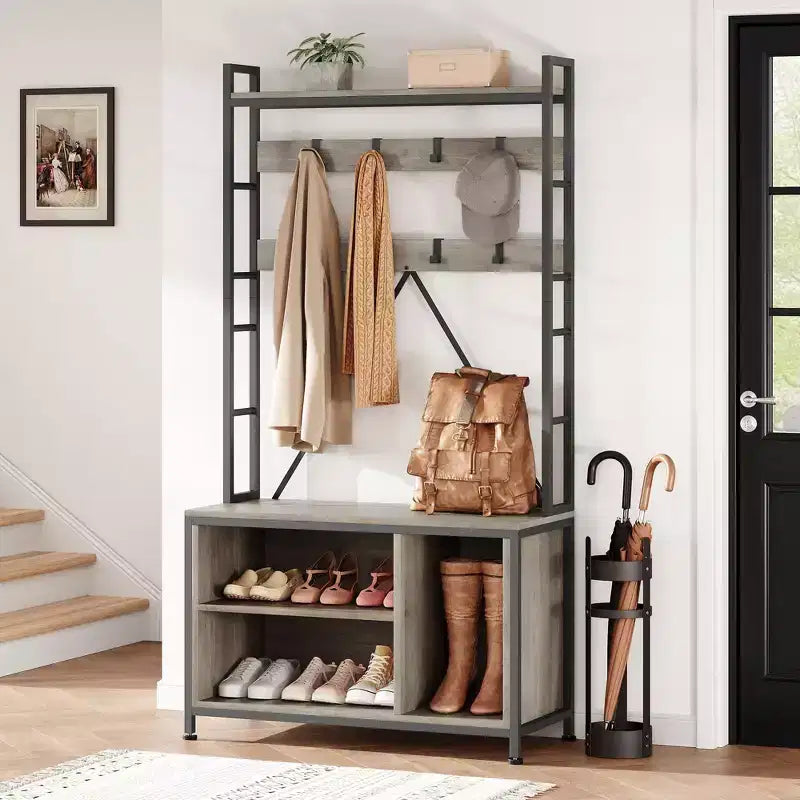 Industrial Hall Tree with Bench, Shoe Storage, & Coat Rack, Entryway Organizer Mudroom Furniture with Hooks and Shelves for Small Spaces