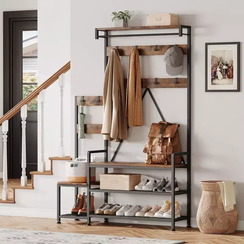 Industrial Hall Tree with Bench, Shoe Storage, & Coat Rack, Entryway Organizer Mudroom Furniture with Hooks and Shelves for Small Spaces