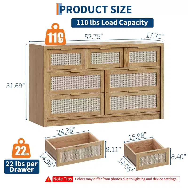 7 Drawers Dresser, 52 W Rattan Dresser, Modern Chest of Drawers with Metal Handle, Wood Closet Clothes Storage, for Living Room, Hallway, TV Stand