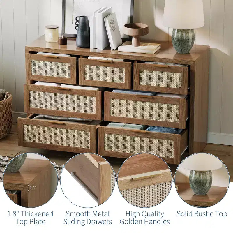 7 Drawers Dresser, 52 W Rattan Dresser, Modern Chest of Drawers with Metal Handle, Wood Closet Clothes Storage, for Living Room, Hallway, TV Stand