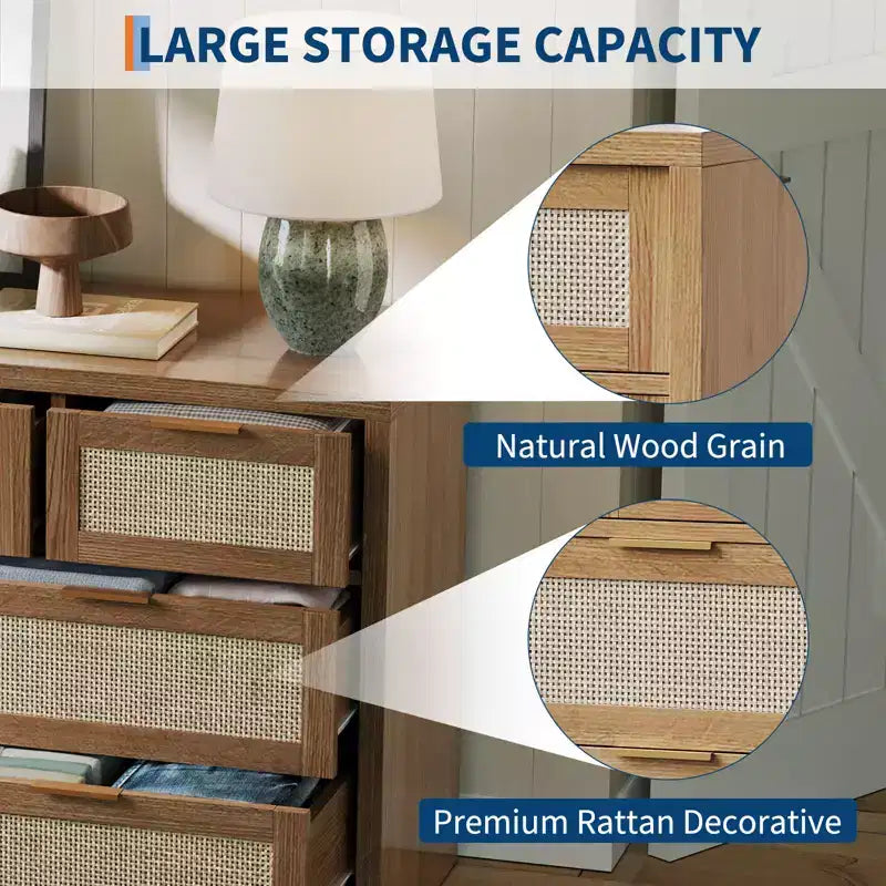 7 Drawers Dresser, 52 W Rattan Dresser, Modern Chest of Drawers with Metal Handle, Wood Closet Clothes Storage, for Living Room, Hallway, TV Stand