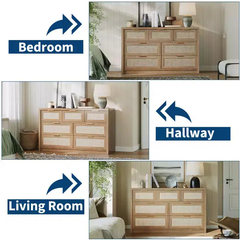 7 Drawers Dresser, 52 W Rattan Dresser, Modern Chest of Drawers with Metal Handle, Wood Closet Clothes Storage, for Living Room, Hallway, TV Stand