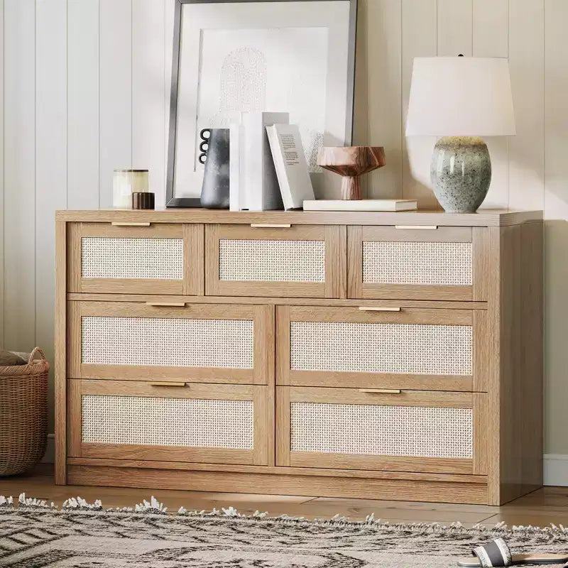 7 Drawers Dresser, 52 W Rattan Dresser, Modern Chest of Drawers with Metal Handle, Wood Closet Clothes Storage, for Living Room, Hallway, TV Stand